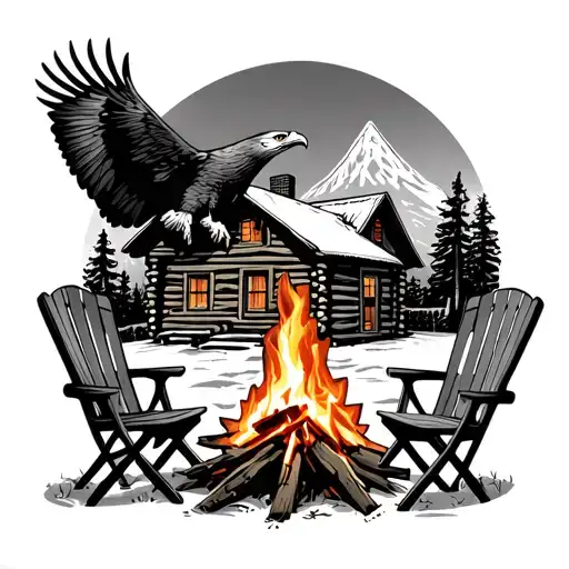 4 Chairs By A Campfire In Front Of A Log Cabin With A Bald Eagle Soaring Above
