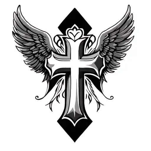 Cross Tattoo Incorporating Heart And Wings Behind