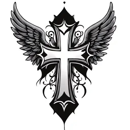 Cross Tattoo Incorporating Heart And Wings Behind