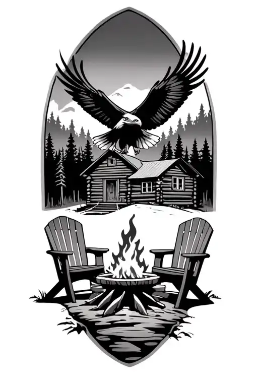 4 Chairs By A Campfire In Front Of A Log Cabin With A Bald Eagle Soaring Above