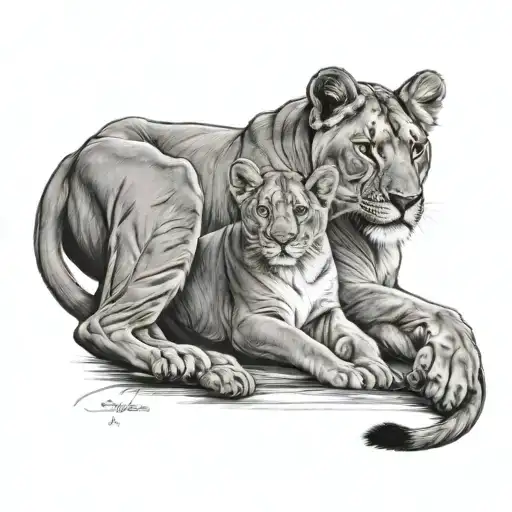 Lioness And Baby Lioness Tattoo On One Arm