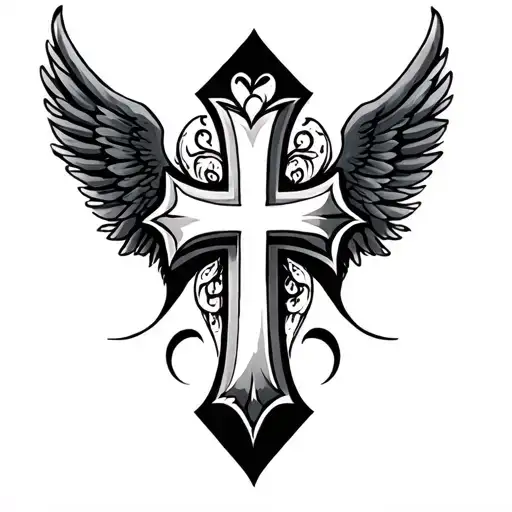 Cross Tattoo Incorporating Heart And Wings Behind