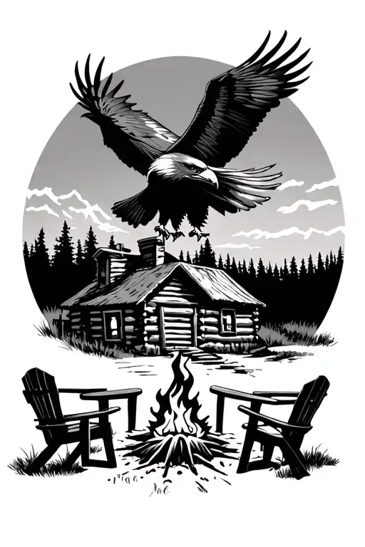 4 Chairs By A Campfire In Front Of A Log Cabin With A Bald Eagle Soaring Above