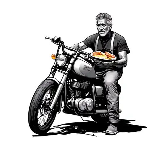 Anthony Bourdain Holding Food While On Motor Bike