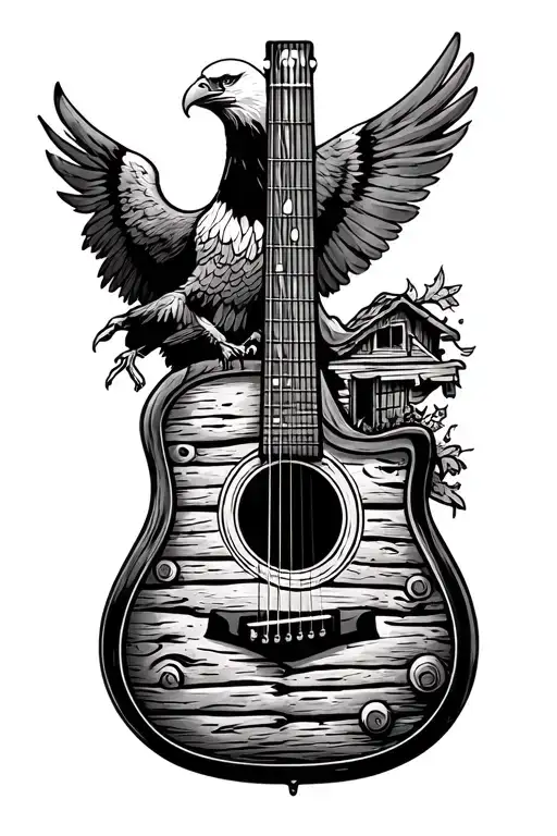 Acoustic Guitar With A Log Cabin Design On It And A Bald Eagle