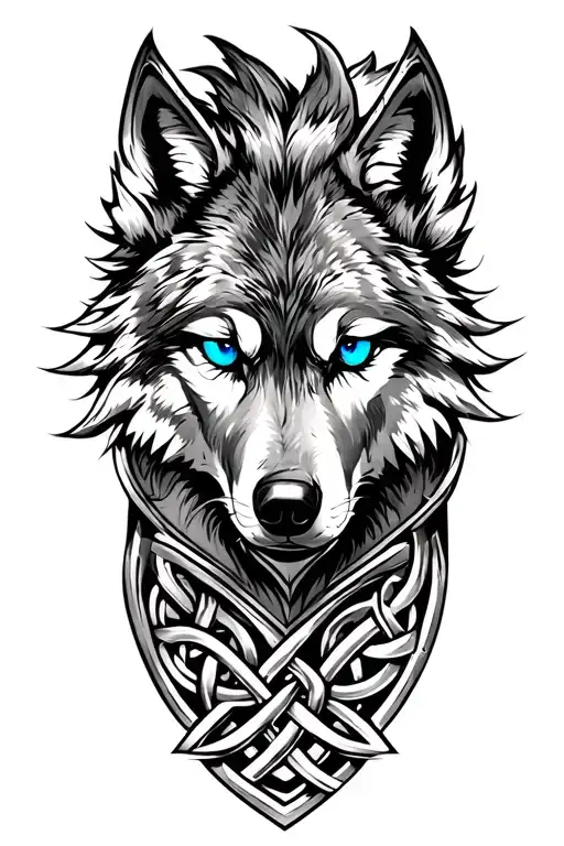 Wolf With Blue Eyes On Armor Tattoo Design Featuring Celtic Trinity Knot