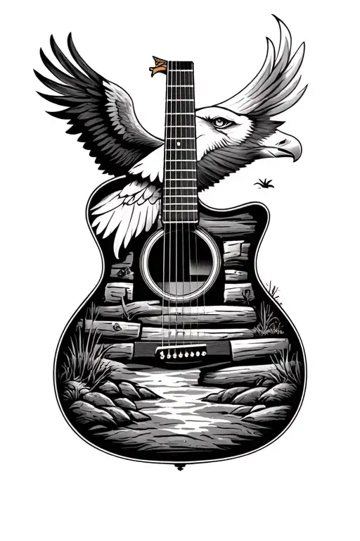 Acoustic Guitar With A Log Cabin Nature Scene Design On It And A Bald Eagle