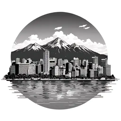 Downtown Vancouver City Skyline With Mountains In Background Water In Foreground