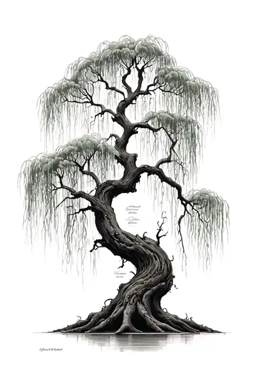 Weeping Willow With Names Intertwined On The Branches