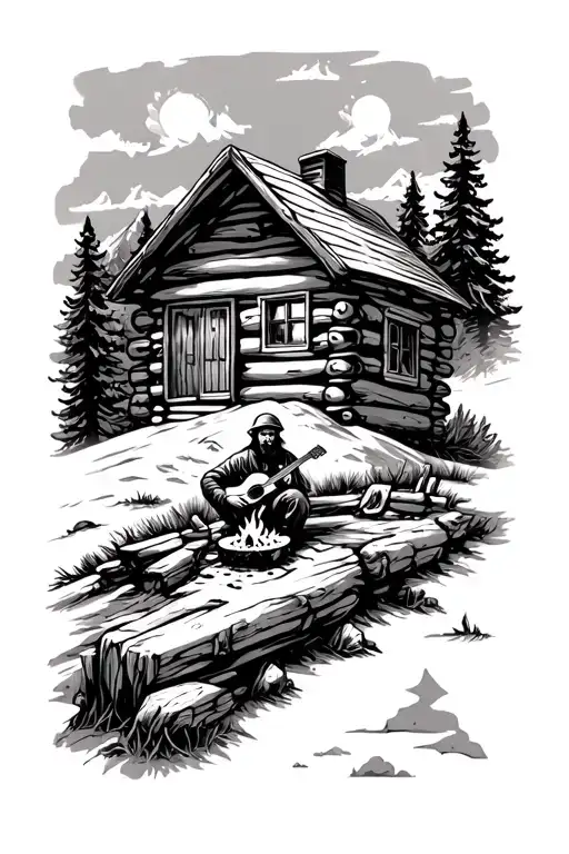 Log Cabin Sitting On A Mountain With An Accoustic Guitar Sitting By A Campfire