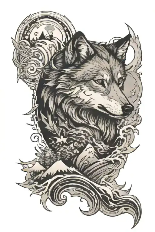 Mountain Stars Wolf Water Waves Forming The Shape