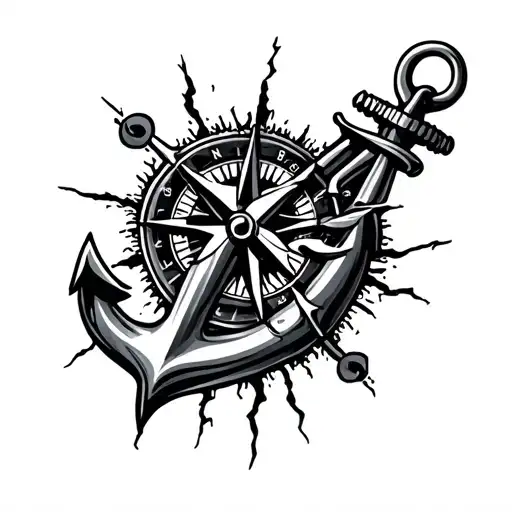Tatoo Anchor With Thousand Cracks In Sea With A Compass