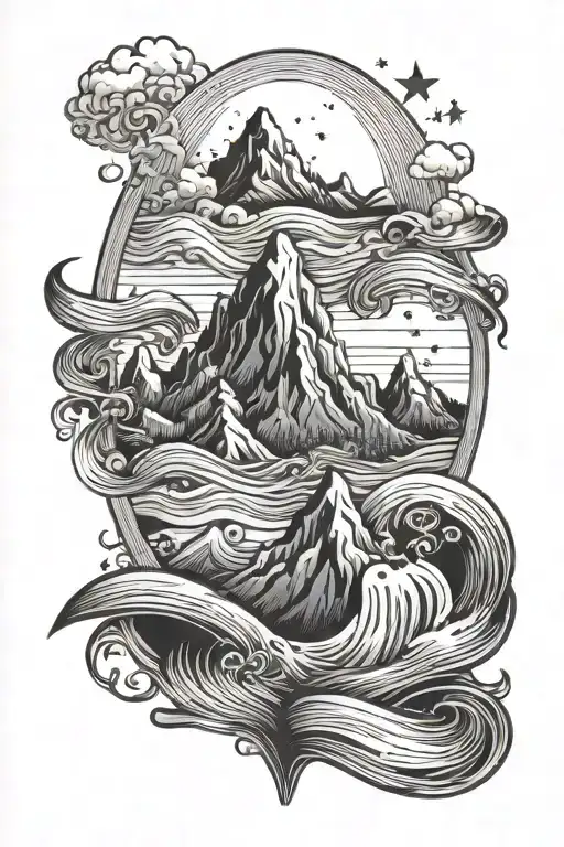 Mountain Stars And Books Water Waves Forming The Shape Made