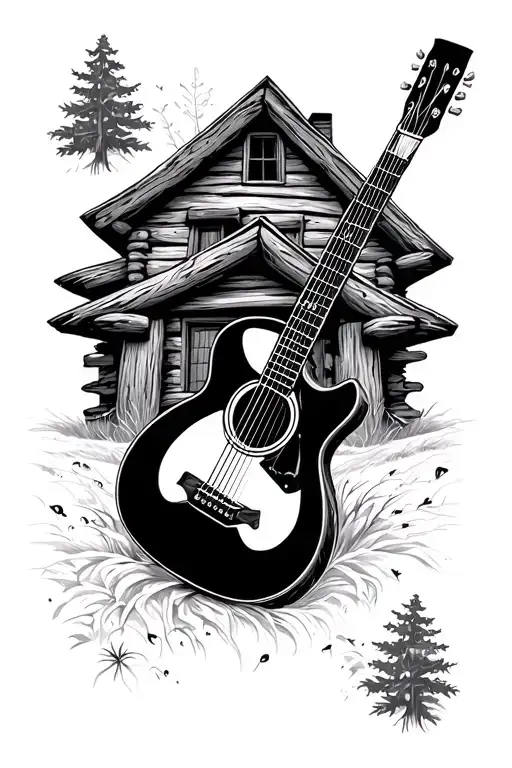 Log Cabin With An Accoustic Guitar Intertwined