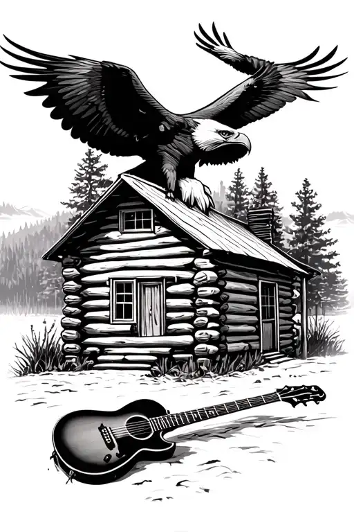 Log Cabin With An Accoustic Guitar In Front And A Bald Eagle Above