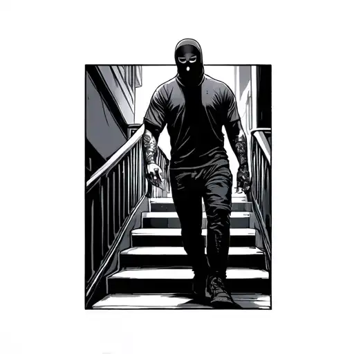 A Man Walking Down Stairs Into Darkness With A Ski Mask On His Hand