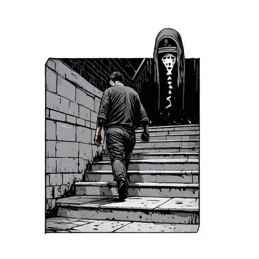A Man Walking Down Stairs Into Darkness With A Ski Mask On His Hand