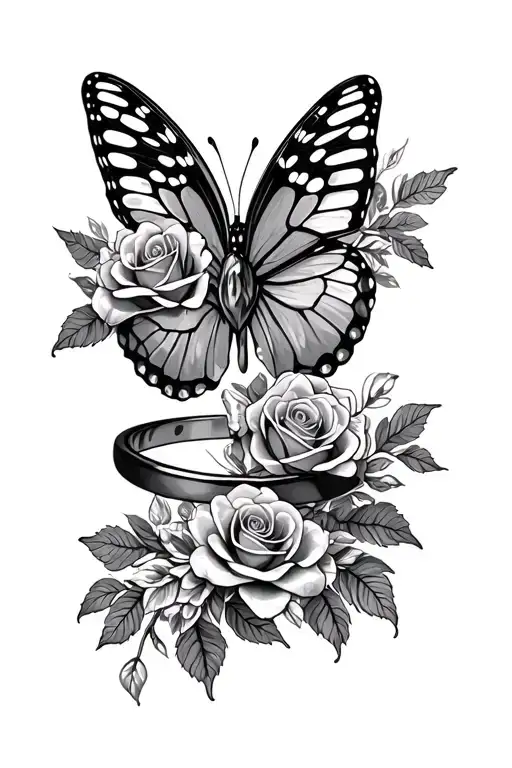Roses Around Butterfly Wings Around Wedding Band