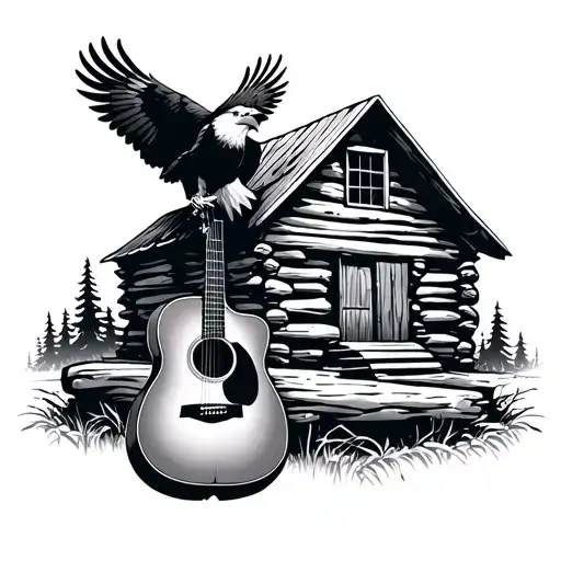 Acoustic Guitar Sitting Beside A Log Cabin And A Bald Eagle Perched On The Cabin