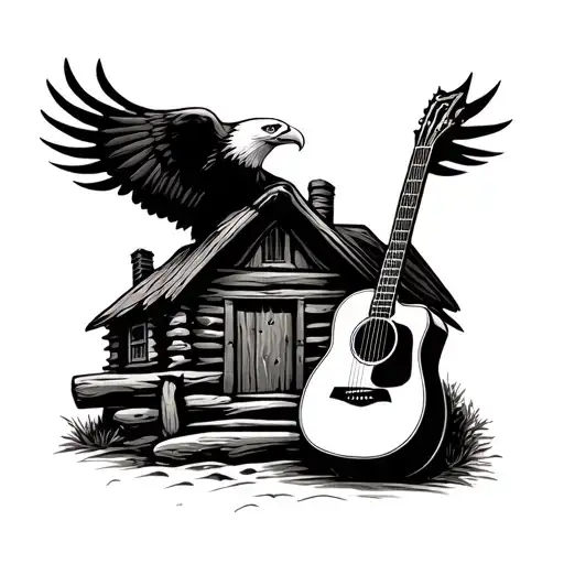 Acoustic Guitar Sitting Beside A Log Cabin And A Bald Eagle Flying