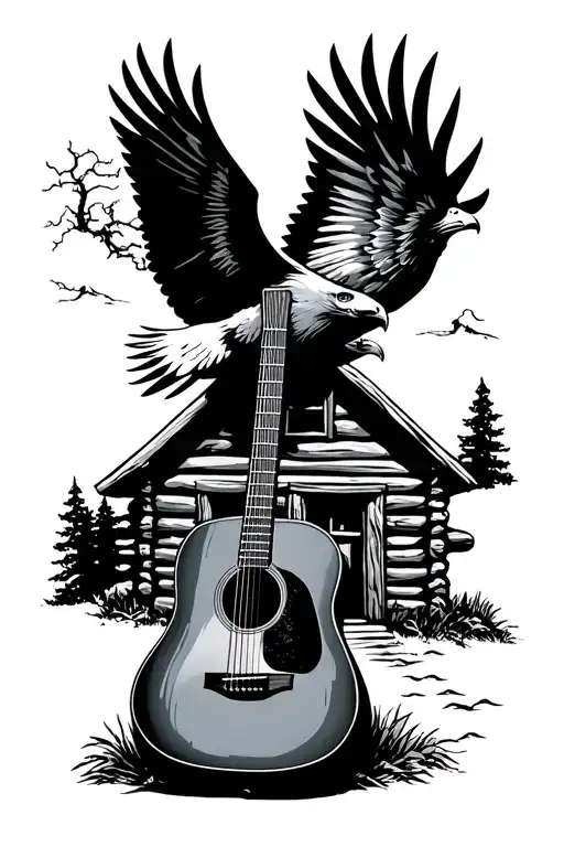 Acoustic Guitar Sitting Beside A Log Cabin And A Bald Eagle Flying