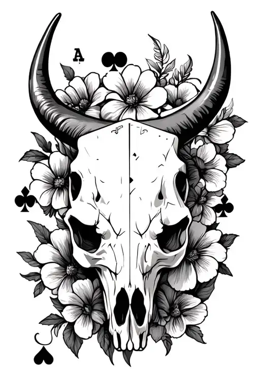 Bull Skull And Poker Cards With Flowers Intertwined