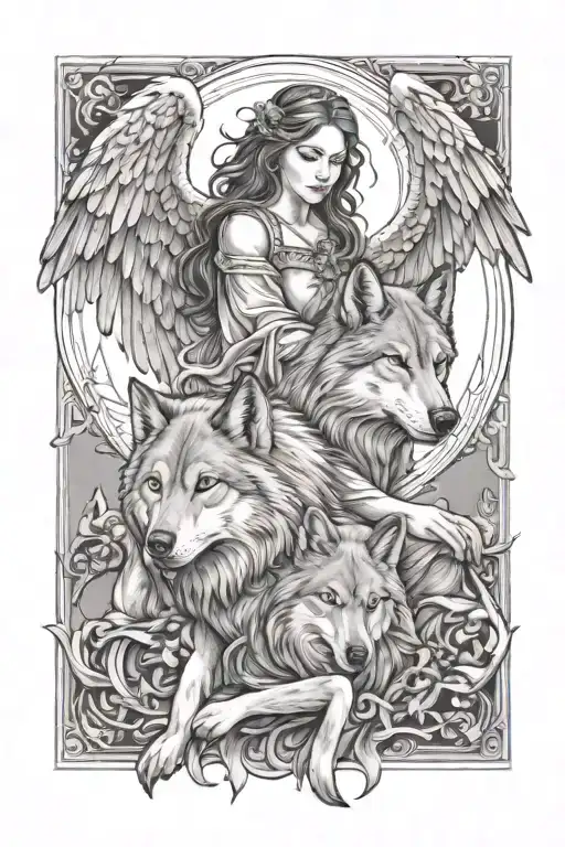 Angel Watching Two Wolves Representing Family
