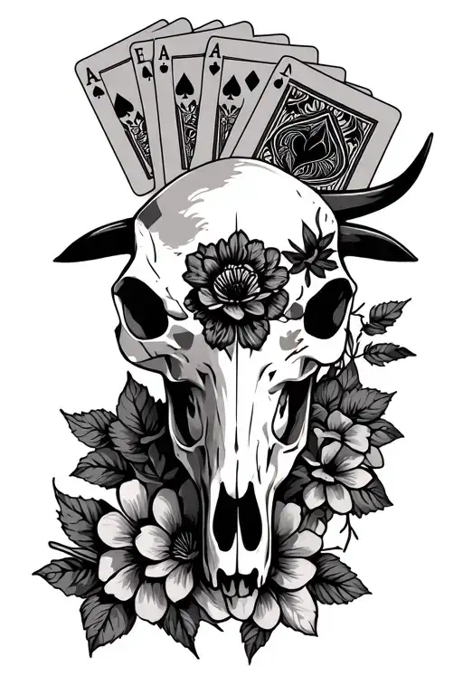 Bull Skull With Flowers And Poker Cards