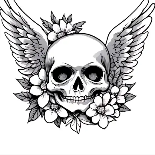 Cartoon Skull Angel With Flowers Intertwined