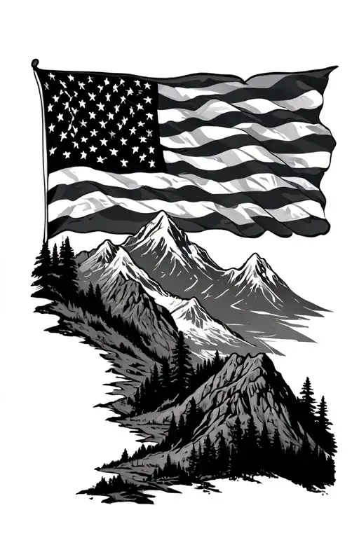 Mountains And American Flag