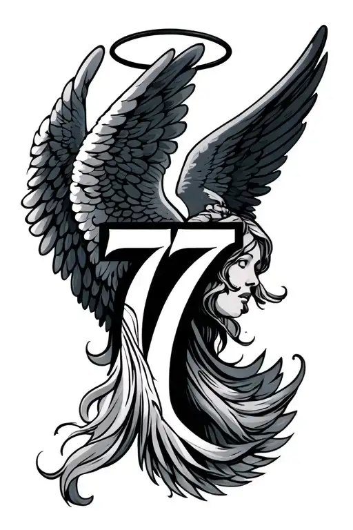 Angel Wings With A Halo With The Number 77