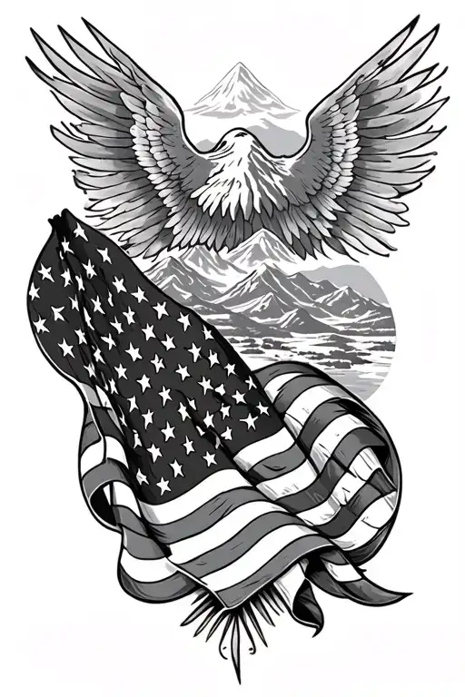 Mountains And American Flag Intertwined