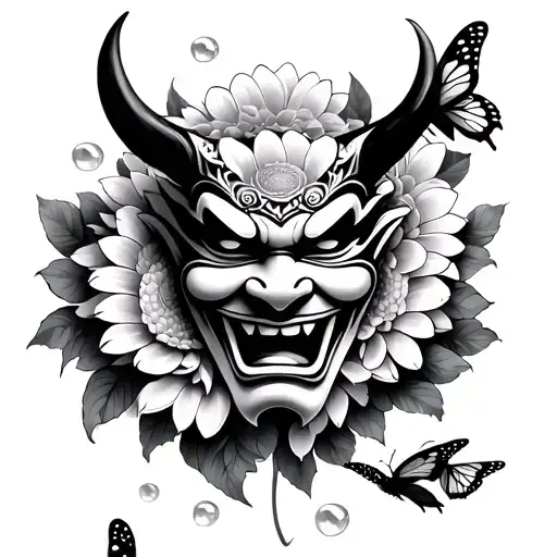 A Japanese Oni Mask Surrounded By Crysthanthemums And Two Butterflies Flying