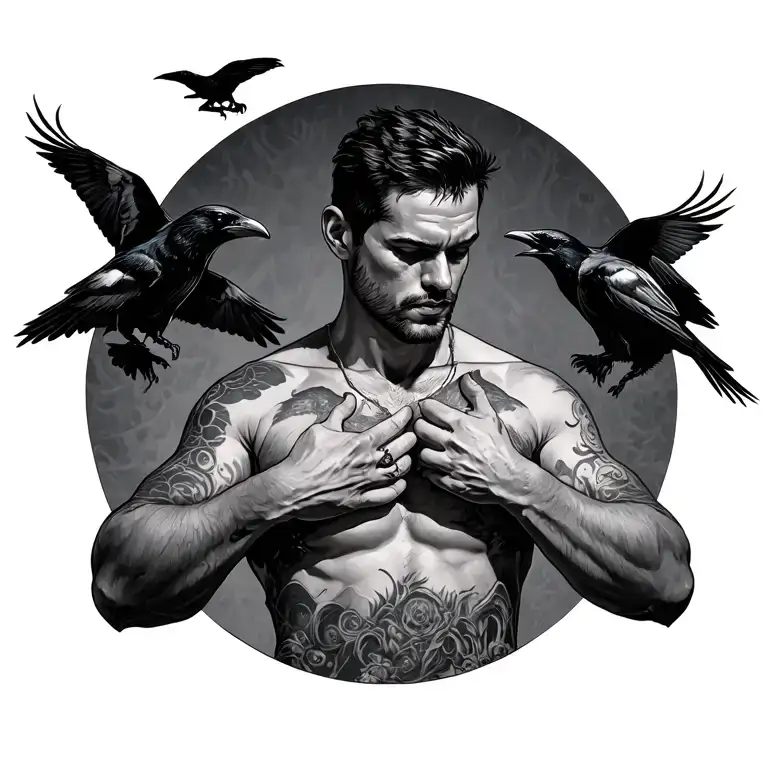 A Man Making A T Pose While Looking Down While Raven Birds Are Flying Around Him