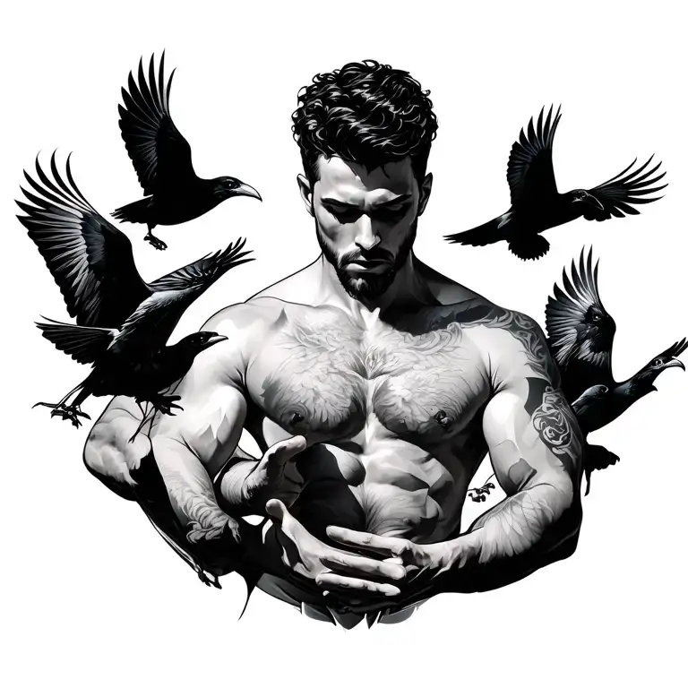 A Man Making A T Pose While Looking Down While Raven Birds Are Flying Around Him