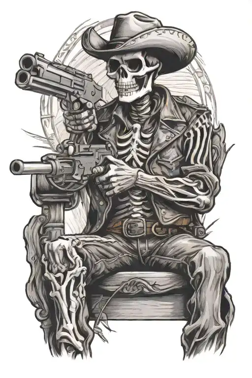 A Skeleton Cowboy With A Revolver Infront Of A Saloon