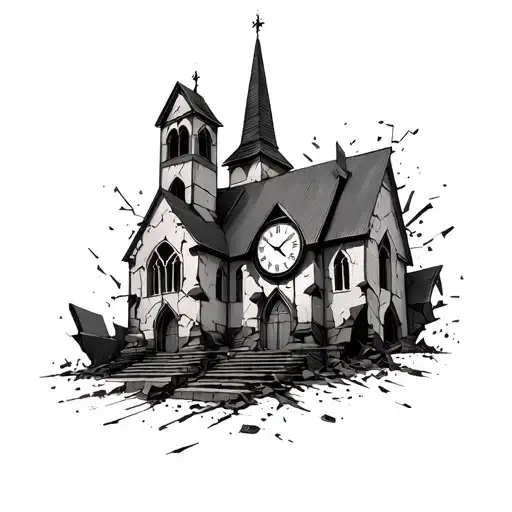 Church With Broken Walls Crumbling With A Clock Face