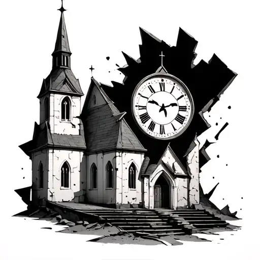 Church With Broken Walls Crumbling With A Clock Face