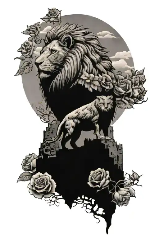 Lion And Owl Guarding Castle With Roses And Mountains
