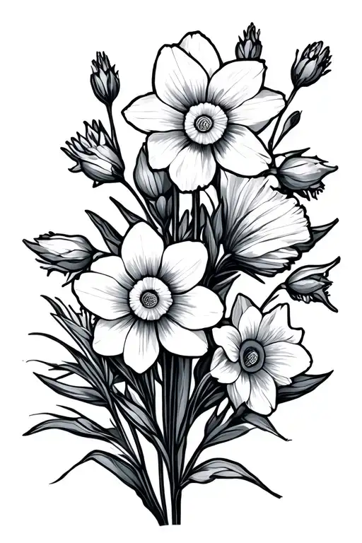 Daffodil Larkspur And Poppy Flowers Simple Outline