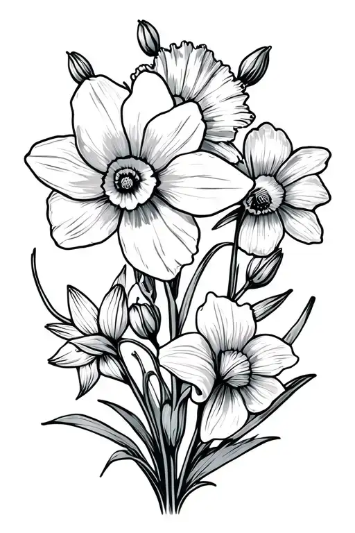Daffodil Larkspur And Poppy Flowers Simple Outline