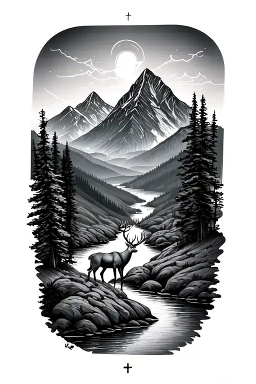 Mountain With Cross And River Flowing With Deer