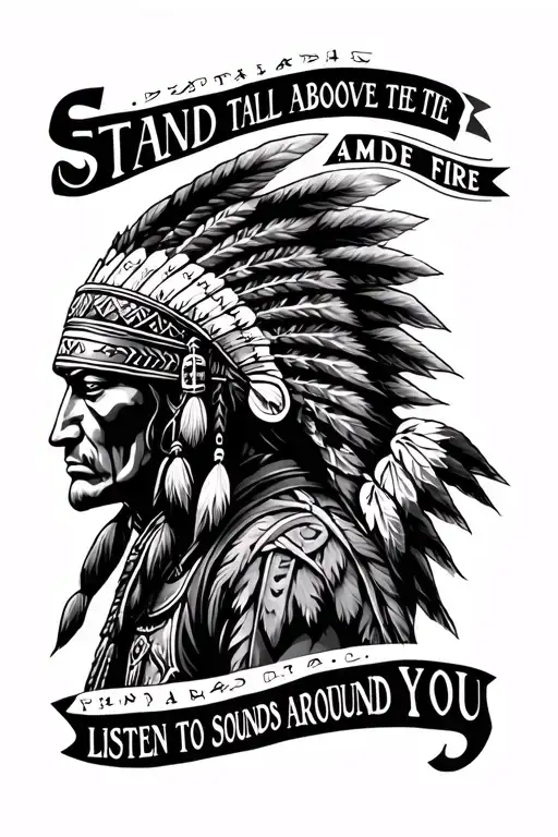 Native American Warrior With Words 'Stand Tall Above The Fire Amd Listen To The Sounds Around You'