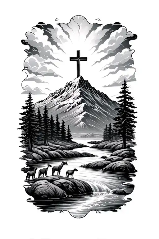 Mountain With Cross On Top And River Flowing With Animals Drinking Out Of The River