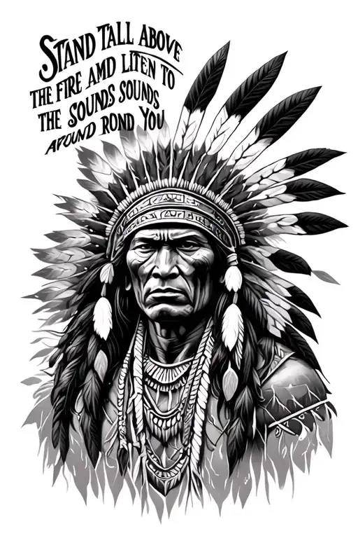 Native American Warrior With Words 'Stand Tall Above The Fire Amd Listen To The Sounds Around You'