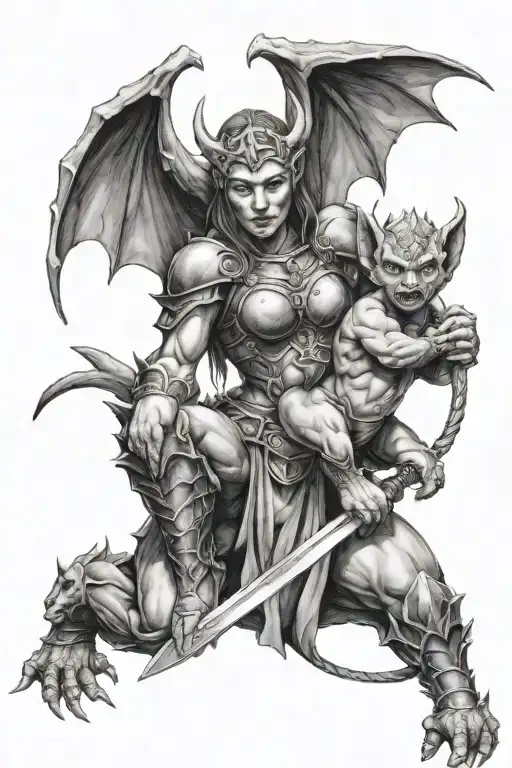 Female Gargoyle Warrior With Her Toddler