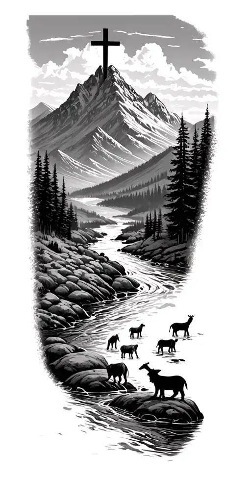 Mountain With Cross On Top And River Flowing With Animals Drinking Out Of The River
