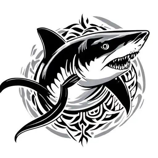 Shark Surrounded By Tribal Artwork Combining Elements