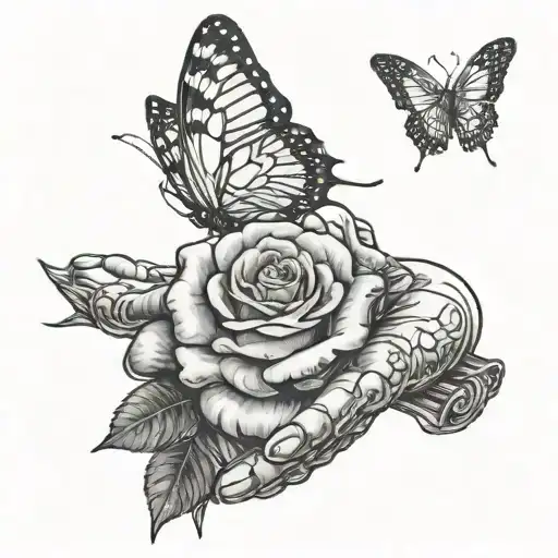 Skelton Hand Holding A Rose With Butterfly's
