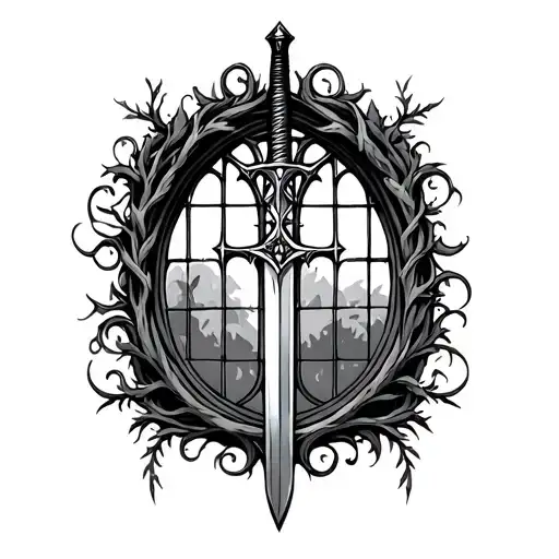 Gothic Window And Sword Intertwined With Vines
